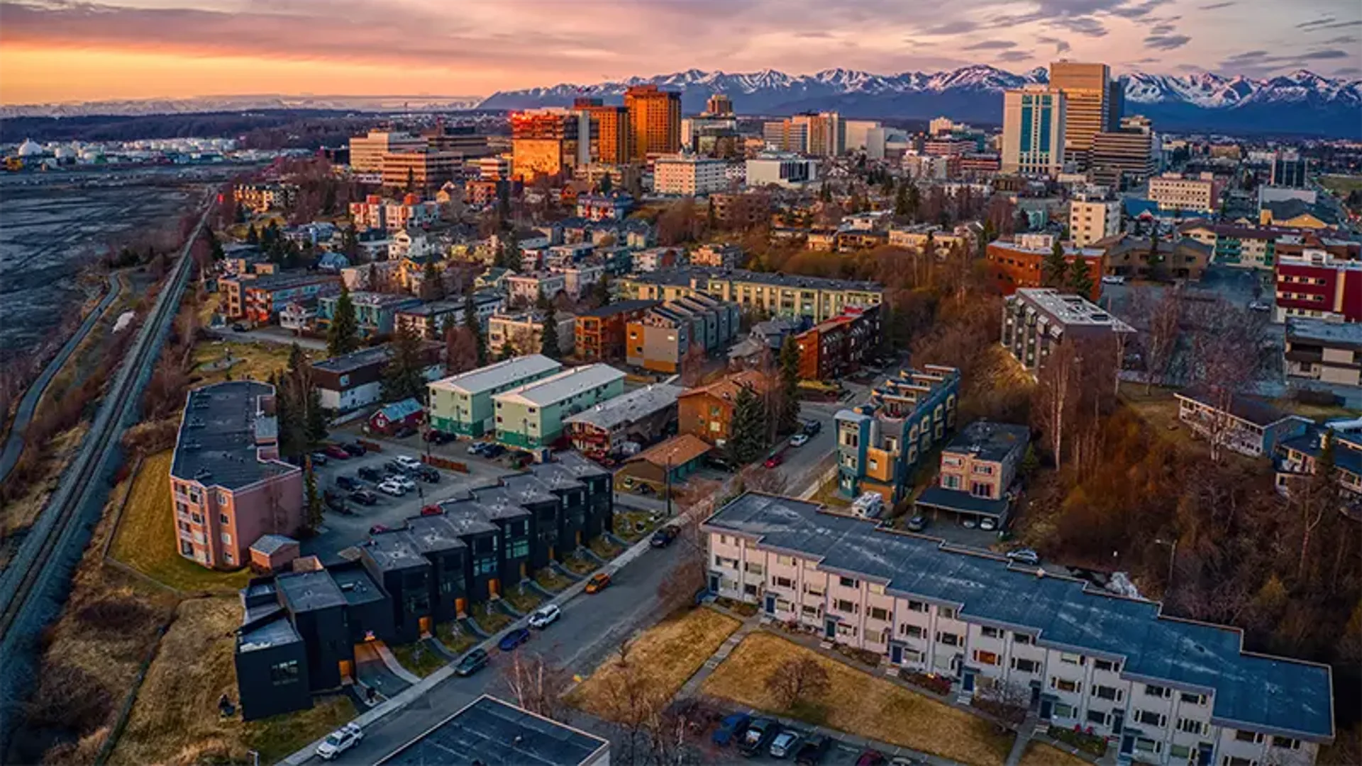 Aerial View of a Sunset over Downtown Anchorage