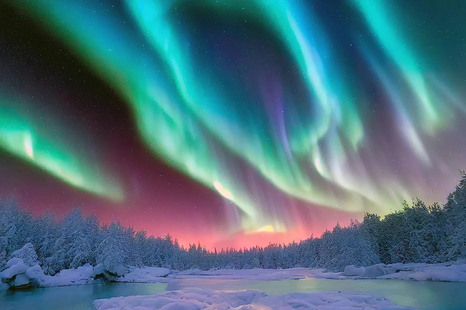 Night winter landscape with aurora and reflection on the water surface