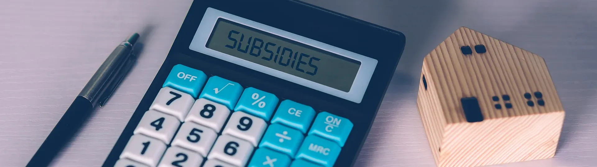 Pen, wooden-block house, and calculator with 'subsidies' on LCD display