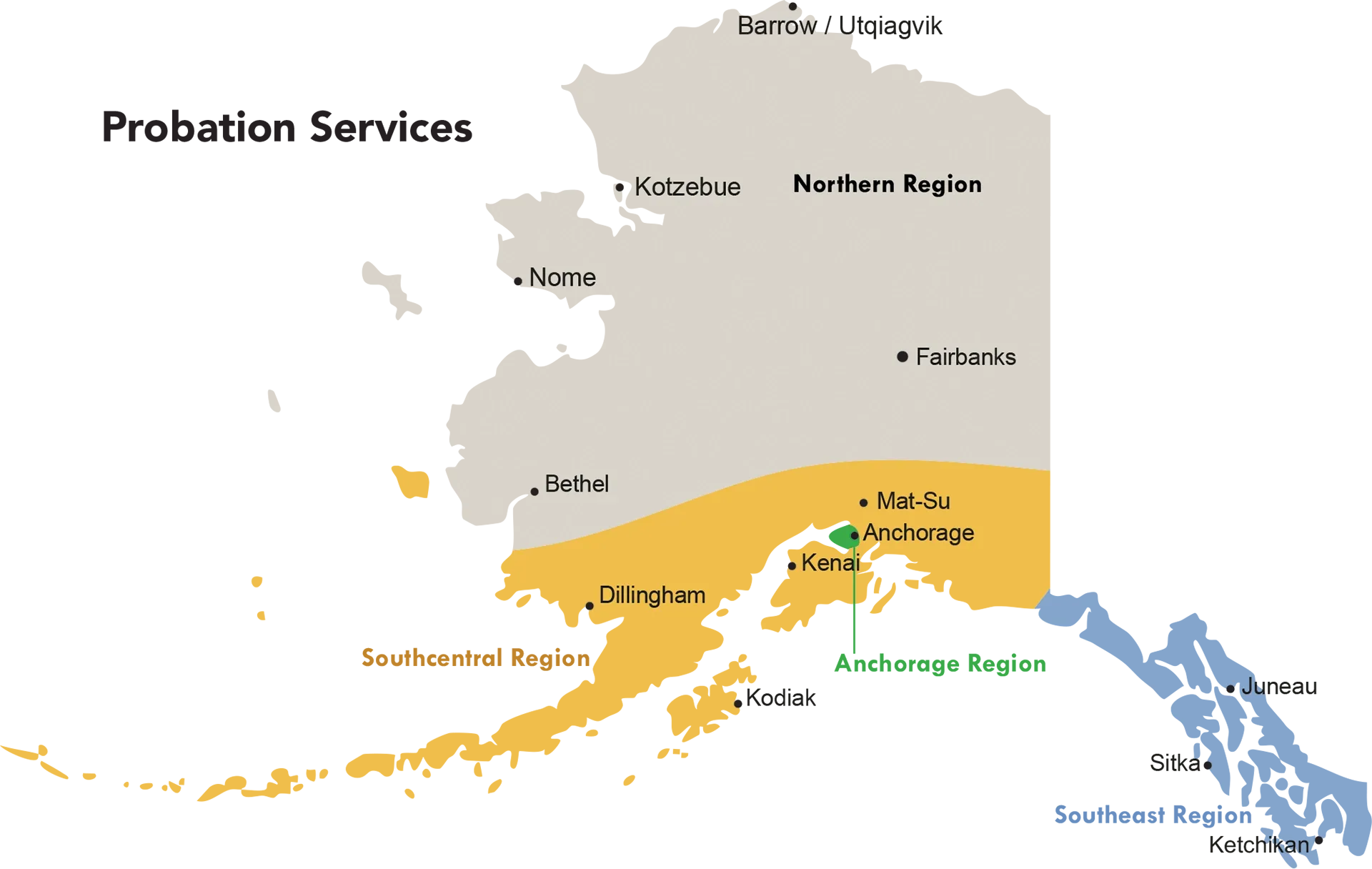 Alaska map showing juvenile probation service regions (Northern, Southcentral, Anchorage, Southeast) with labeled cities including Anchorage, Fairbanks, Juneau, Bethel, Nome, and Kotzebue