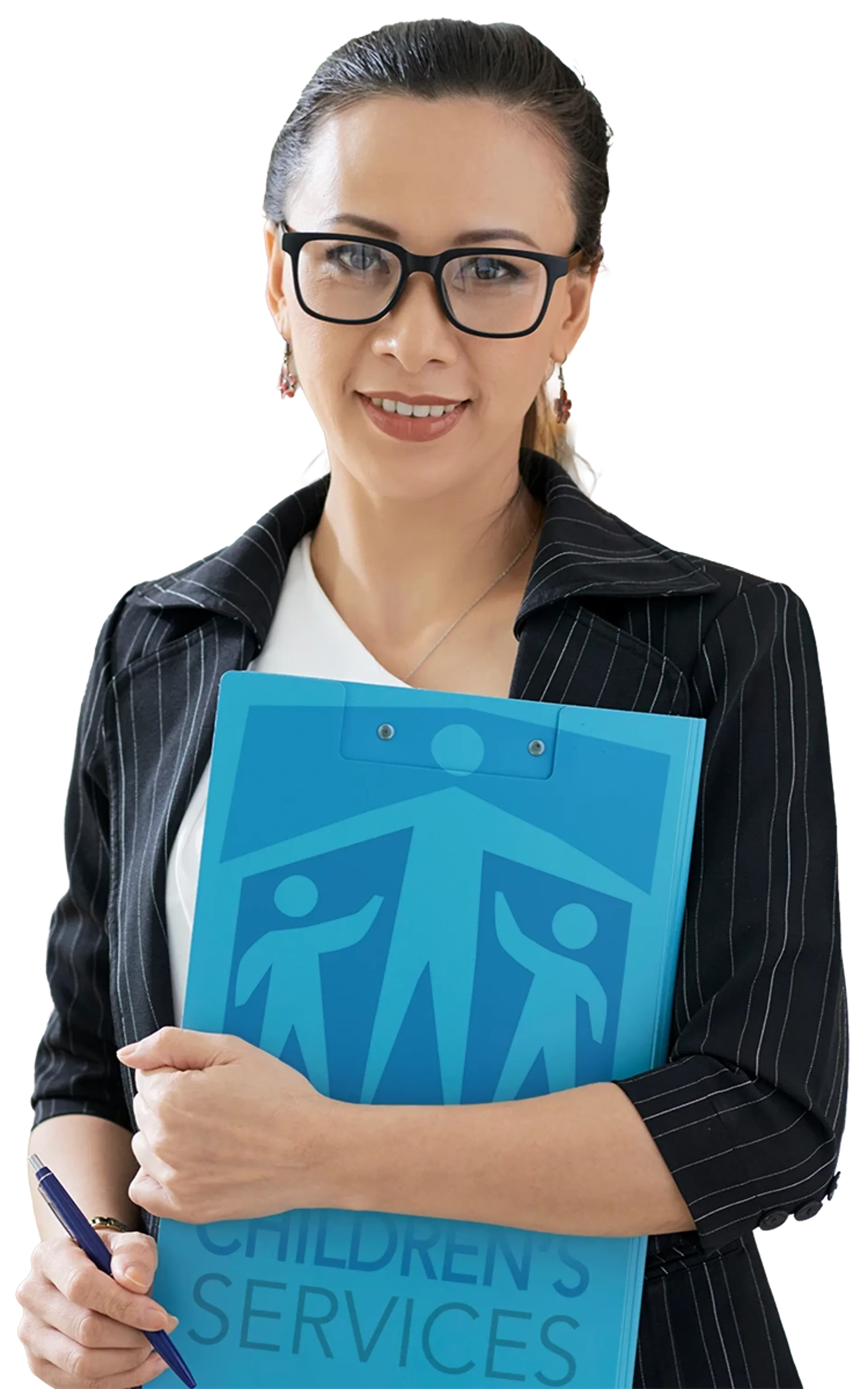 Woman with a large folder with the OCS logo on it