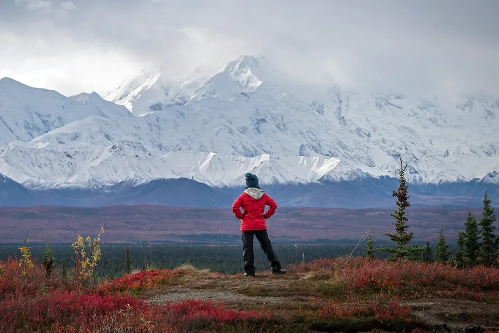 Hiker posing in front of Mount Denali