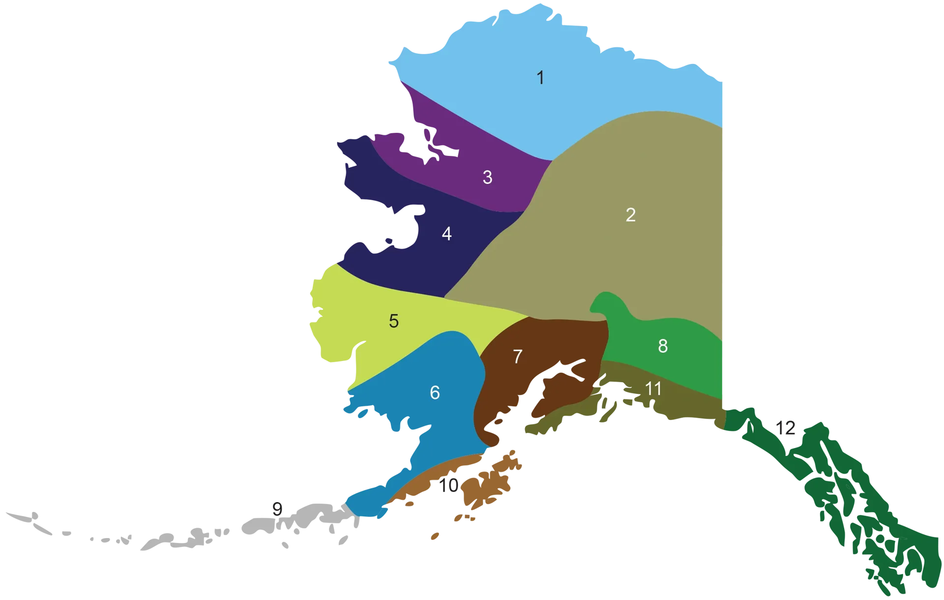 Map of Alaska showing approximate native corporation and non-profit regional boundaries