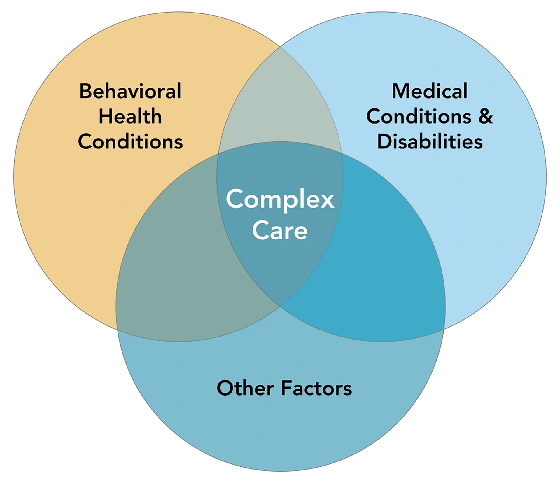 Complex Care Venn Diagram with Behavioral Health Conditions, Medical Conditions & Disabilities, and Other Factors all overlapping