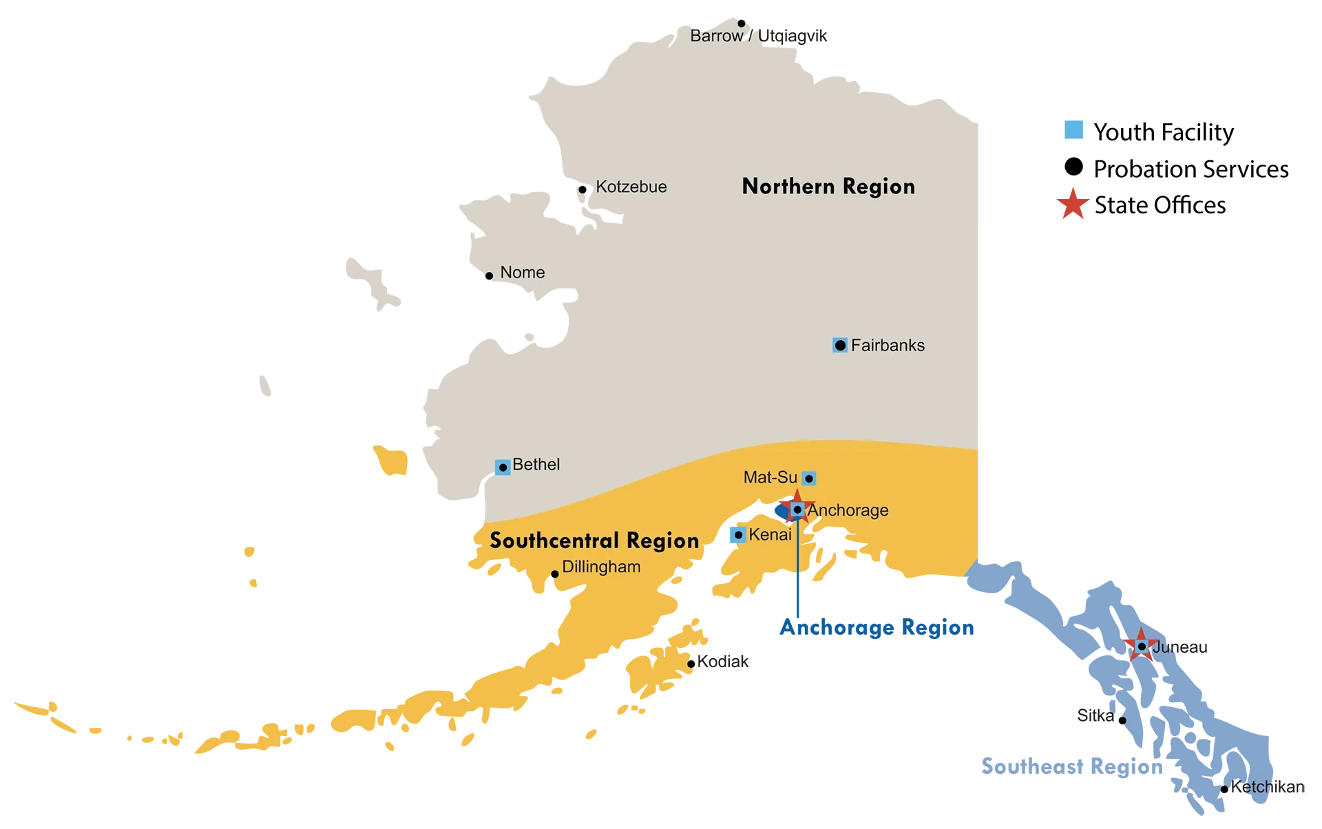 DJJ Facility Regional Map with Northern, Southcentral, Anchorage, Southeast