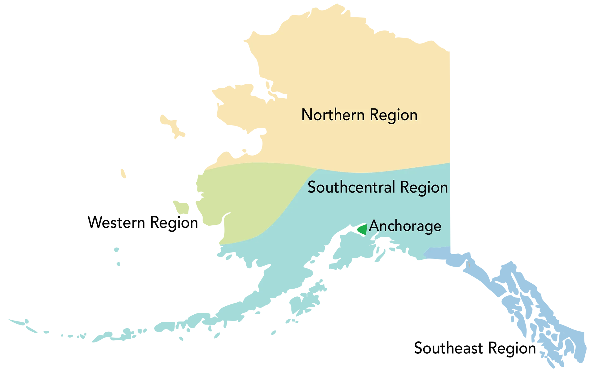 Alaska Map of OCS Regions including: Northern, Western, Southcentral, Anchorage, and Southeast