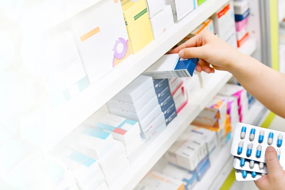 Stocked pharmacy shelf